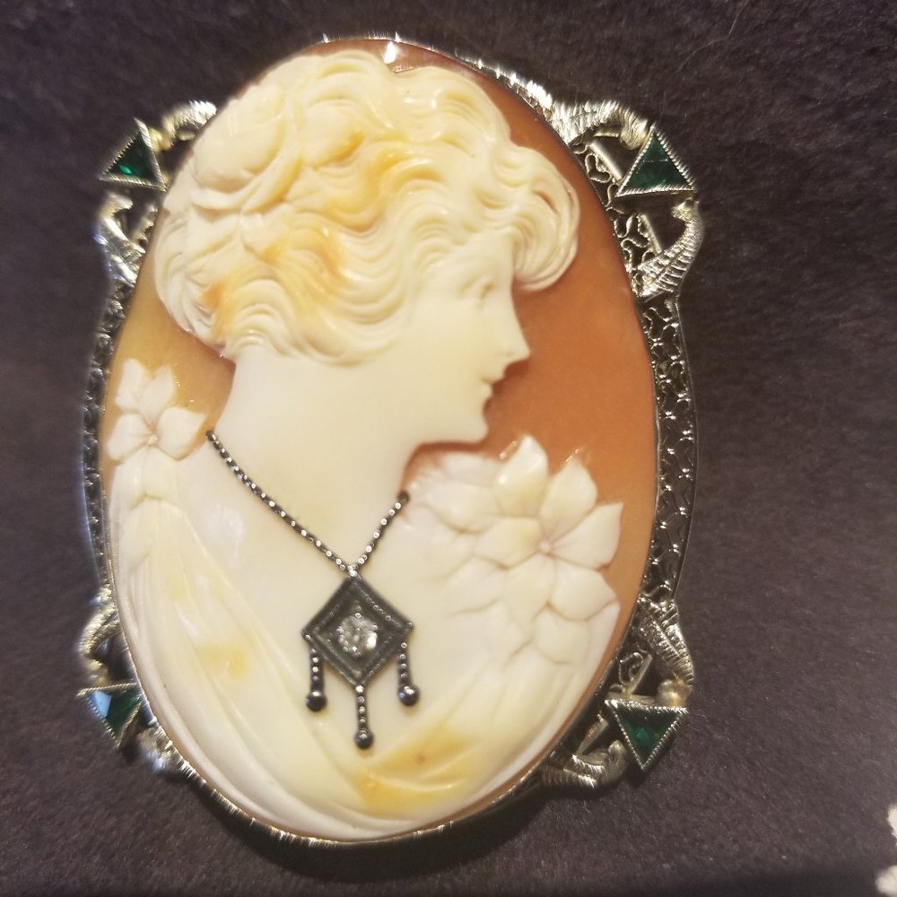 Cameo Concha Brooche, with Emeralds and Diamond